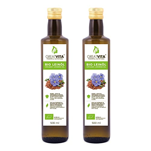 Aceite de linaza orgánico MeaVita, 100% puro y prensado en frío, paquete de 2 (2x 500ml) en botella de vidrio