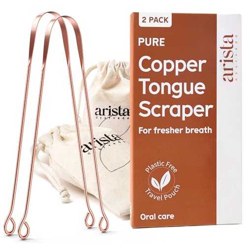Arista 100% Copper Tongue Scraper for Adults & Kids Metal Tongue Scraper Copper for Bad Breath Oral Care & Hygiene 2 Pack with Travel Pouches