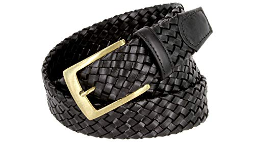 BL043 Antiqued Brass Buckle Basketweaved Woven Genuine Leather Dress Belt 1-1/4"2