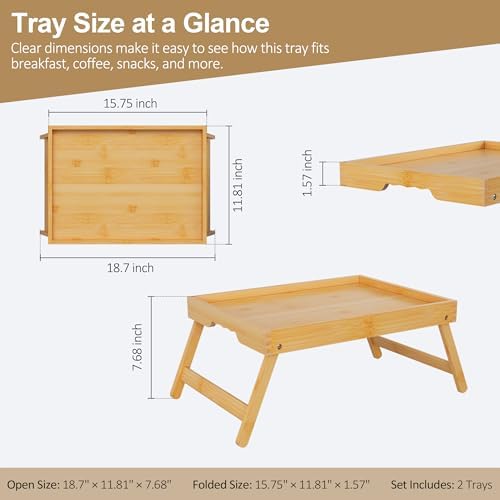 Breakfast Tray with Folding Legs Set of 2, Bamboo Bed Tray Table 15.7" Foldable TV Dinner Tray with Ergonomic Wave Handles for Bed Couch Sofa, Breakfast, Snacks, Coffee, Natural - 4