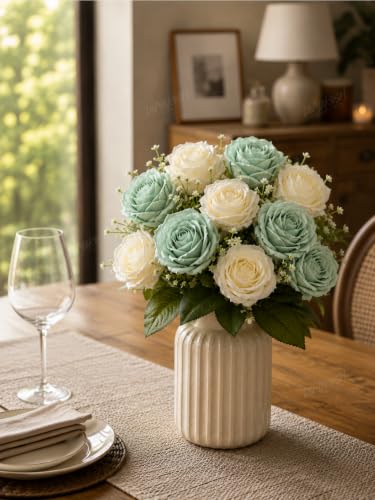 Image of Divyakosh Artificial Rose Flower Bouquet 10 Rose (5 Sage Green + 5 Ivory White Roses) with Green Leaves | Faux Flowers for Home Decor, Living Room, Office, Bedroom| Vase Not Included