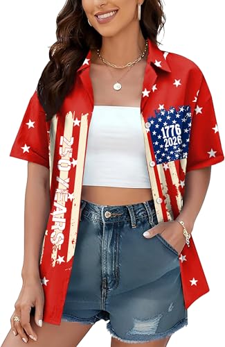 Image of American Flag Shirt for Women 4th of July USA Button Up Tops Summer Hawaii Floral Patriotic Stripes Graphic Tee