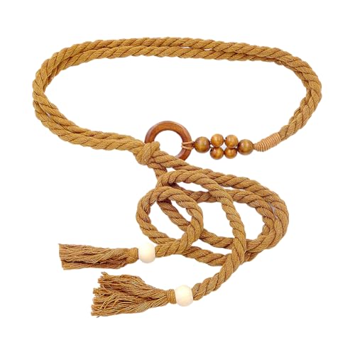 Women's Braided Waist Belt Waist Rope Tie Belt Skinny Dress Belts Boho Skirt Belts Decorative Tassel Belt with Wooden Beads Brown