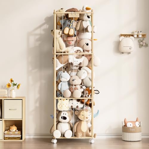 Image of Stuffed Animal Storage Zoo with Wheels,Montessori-Inspired Solid Pine Wood Plush Toy Organizer,Extra Tall Stuffed Animal Holder with Thick Elastic Cords for Nursery,Kids Room and Bedroom,Extra Large
