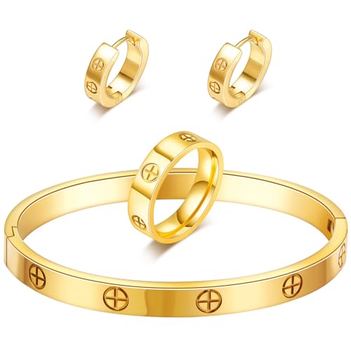 3 Pcs Hoop Earrings Bracelets Ring Sets for Women-18K Gold Plated Love Bracelet Cubic Zirconia Cuff Bangle Hoop Earrings Friendship Love Ring Jewelry Set,Wedding Party Christmas Valentine's Day Birthday Gifts for Her Girlfriend Sister Daughter