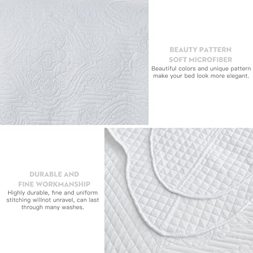 Image of HZ & HY Oversized King Bedspread, Embossed Damask Quilt Set King /Cal King, Lightweight Reversible Coverlet, Scalloped Edge - Clean Classic Look, 5 Piece, Pure White
