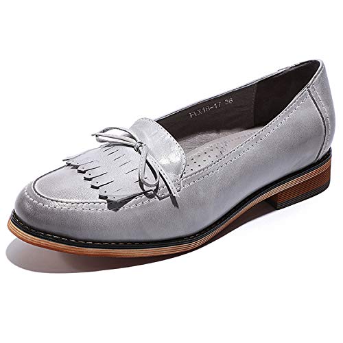 Image of Mona flying Women's Leather Tassel Loafers Slip on Flat Office Work Shoes