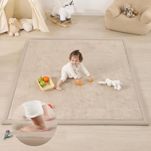 Image of 1.3 inch Thick Foam Baby Play Mat Extra Large 79x158, Basic Padded Plush Tummy Time Crawling Mat, Non-Slip Support Area Rug for Playroom Nursey Living Room (Beige)