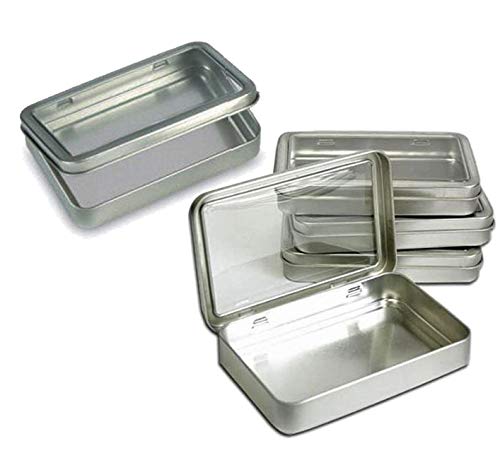 Image of Blank Empty Survival Kit Tin Storage Boxes - Lightweight Metal /Silver Container Cases with Clear Window Hinged Lid 5.38 inch x 3.5 inch (5 Tins)
