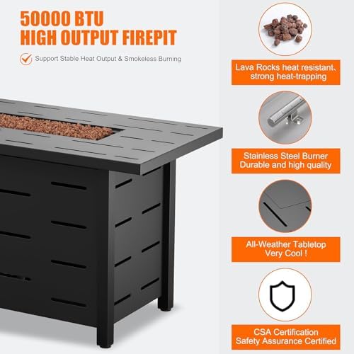 Shintenchi 43 inch Outdoor Propane Fire Pit 50,000 BTU Gas Fire Pit Table with Lid, Waterproof Cover, Rectangle Gas Firepit Table for Garden/Patio, CSA Certification - 5