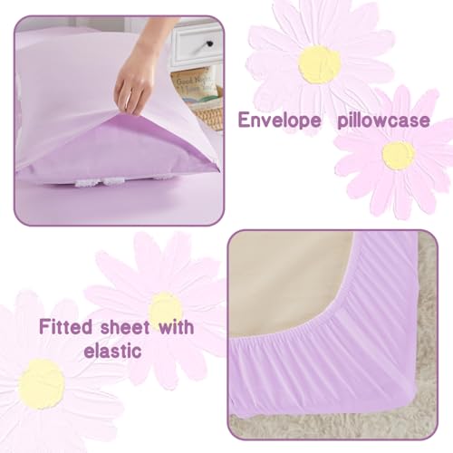 Image of Toddler Bedding Set for Girls 4-Piece Purple Boho Tufted Daisy Flowers Toddler Bed Comforter Set Bed-in-a-Bag Toddler Sheets Bedroom Set with Toddler Comforter, Flat Sheet, Fitted Sheet, Pillowcase