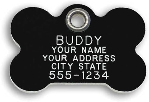 Durable Plastic Pet ID Tag, Outlasts Cheap Aluminum Tags for The Same Price, Custom Engraved, Large Black Bone