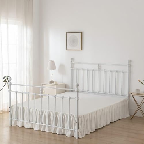 Bed Skirt King Size, Ruffled Bed Skirt with Split Corners 14 Inch Drop with Platform, Tufted Boho King Size Bed Skirting, Striped, Ivory, 14" King