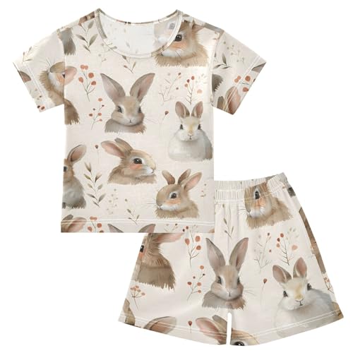 ALAZA Lovely Rabbit Watercolor Leaves Pajamas Short Sleeve 2 Piece Sleepwear Top and Bottom Pajama Set Unisex