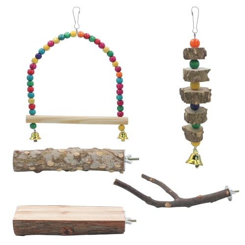 Image of Bird Perch Stand for Cage, Parrot Perch Natural Wood Stand Toys, Bird Accessories for Parakeet, Cockatiel, Macaws, Conures (5 PCS)