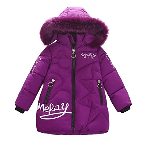 AKAUFENG Mantel Mädchen Winterjacke Kinder Anorak Steppjacke mit Fellkapuze Mini Maus Muster Design（Lila, 140