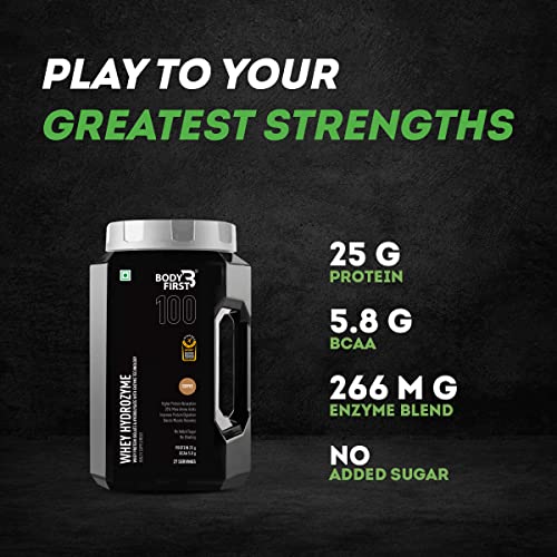Image of Body First Whey Hydrozyme - Combination of Whey Protein Hydrolysate, Isolate & Concentrate with ProHydrolase & Protease Digestive Enzymes, 25g Protein, 5.8g BCAA, Coffee Flavour, 55 Servings