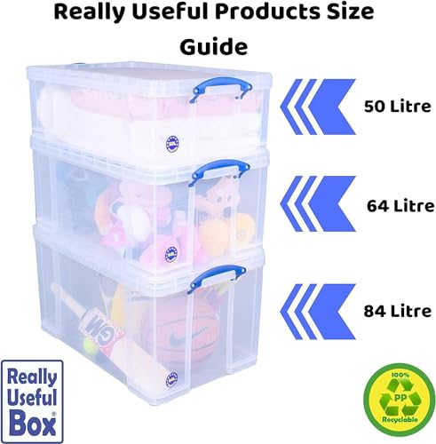 Really Useful Box 64C 64L Box Transparent, stapelbare und nestbare klare Kunststoff-Aufbewahrungsboxen mit Deckeln. Klar, tief, robust. Abmessungen: 710 x 440 x 310 mm