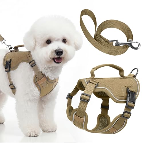 Ledeak Hundegeschirr mit Leine Set, Reflektierend Verstellbar Geschirr, Ausbruchsicheres Anti Zug Hundegeschirr mit Gepolstertem Griff, Hundeweste mit Leine für Welpe Klein Mittlere Hund (Khaki, XS)