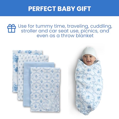 Image of Delta Children 100% Cotton Muslin Baby Receiving Blankets for Girls and Boys - 47x47 Inches (Pack of 4), Blue Botanicals