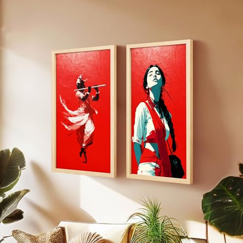 Image of NoWorries Traditional Wall Art Frames Set of 2 | Indian Art Wall Decor, Krishna Flute and Traditional Woman Painting, HD Printed Framed Posters for Living Room, Bedroom, Office and Home Decoration (Frame Size-10x19inch)