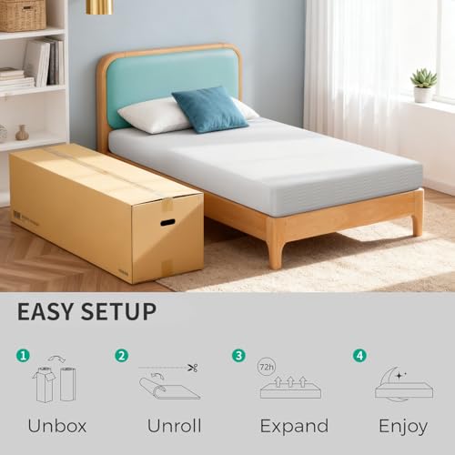 Image of FDW 6 Inch Twin Mattress, Medium Firm Gel Memory Foam, Cooling Ventilated Foam, Pressure Relief, White, Removable Washable Cover, Bed in a Box, CertiPUR‑US Certified