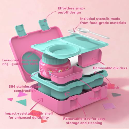 Image of Bento Box for Kids, Leakproof Kids Lunch Box with 8.5OZ Thermo Food Jar & Lunch Bag, 3-4 Compartments Toddler Insulated Lunch Box for Girls, BPA Free Lunch Containers for School Daycare