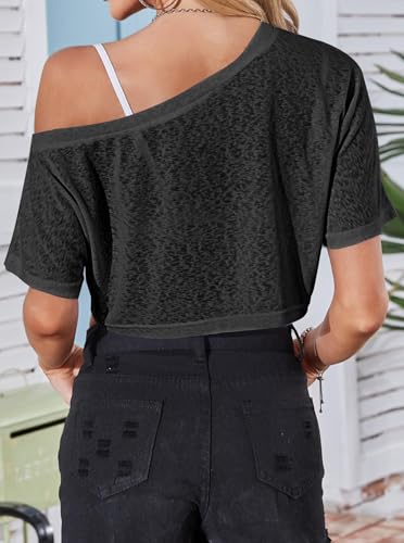 LovelyWholesale Womens Off The Shoulder Mesh Tops Short Sleeve Cropped T Shirt Clubwear2