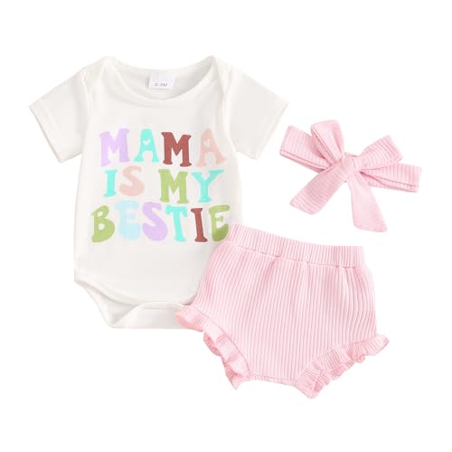 Image of Bonangber Newborn Baby Girl Clothes Mama is My Bestie Outfit Short Sleeve Romper Shorts Headband 3Pcs Summer Clothes Set