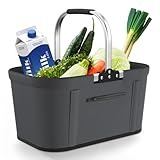 Yeabett 30L Faltbarer Einkaufskorb mit 4 Stützstangen | Stabiler Tragekorb & Picknickkorb | Großer Faltkorb für Familie (46x27x25cm) | Mit gepolsterten Griffen | Für Einkauf, Reise, Camping (Grau)
