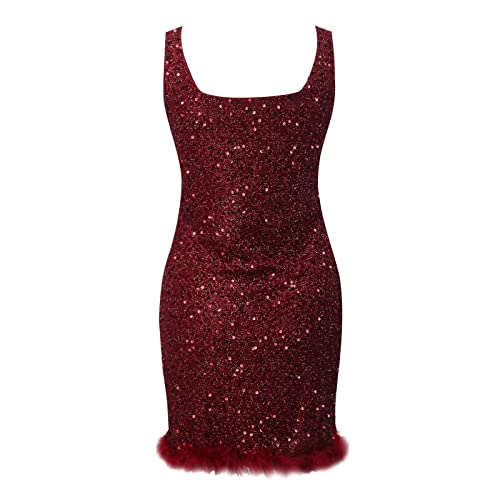 Robe paillette noir col U sans manches avec plumes à la base