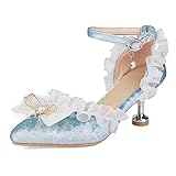 Lizoleor Femmes Lovely Pointu Ruffles Lolita Sandales Talon De Chaton Bridal Bride Cheville Suède Eté Fête Prom Robe Chaussures Bleu Taille 43 EU/45Cn