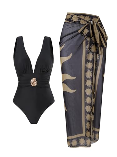 SherryDC One Piece Swimsuit with Cover up Wrap Skirt Sarong Floral Print Plunge V Neck Bathing Suit for Women