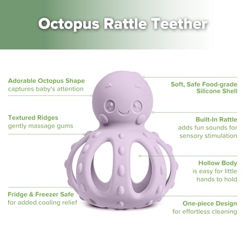 Image of haakaa Octopus Rattle Teether,2-in-1 Baby Teething Toy with Gentle Rattle,Soft Textured Teether for Sore Gums,Easy to Grasp Sensory Toy for Babies 3M+,Lavender