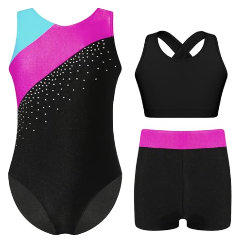 JEATHA Kids Girls Sparkle Dance Outfit 3-Piece Sports Crop Top Sleeveless Gymnastics Leotard with Shorts Set