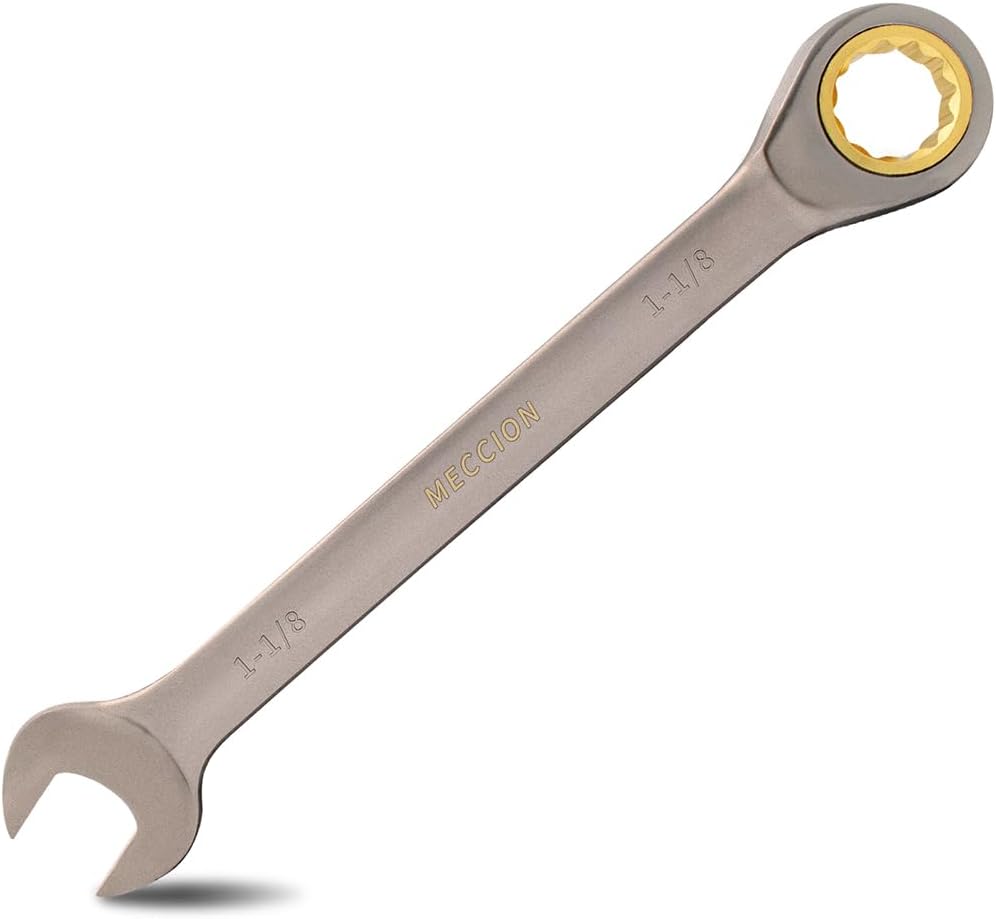 Meccion Combination Wrench 1-1/8 Inch SAE Open End Ratcheting Wrench - Industrial Grade Gear Spanner with Grey Nickle Plated