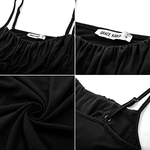 Grace Karin Women Spaghetti Strap Tank Top Smocked Sleeveless Top Flowy Cami Blouses Shirts Black #TOP5