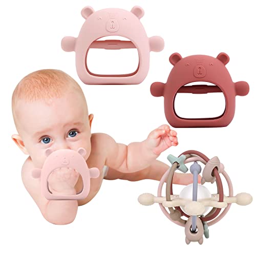 Image of Baby Teething Toys for Babies 0-6,12,18 Months, Qemixly 3 Pack Gift Silicone Baby Teethers for Baby Teething Relief, Anti-Drop Hand Teething Mittens and Rattle Ball (Red,Pink,Multi-red)