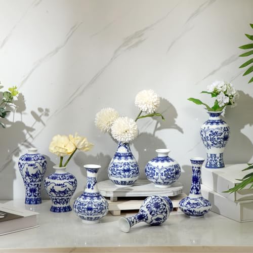 Dandat 8 Pieces Porcelain Vases Blue and White Ceramic Vase Mini Chinoiserie Vase Vintage Flower Vase for Home Living Room Bookshelf Decor (Fresh)