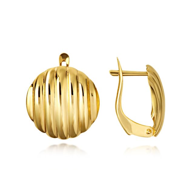 Ribbed Latch Back Earrings Real Solid 14K Yellow Gold