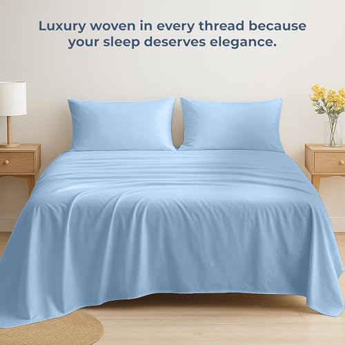 Image of Royale Linens 100% Organic Cotton Queen Flat Sheet Only - Super Soft - Percale Top Sheets - Queen Flat Sheet Sold Separately - Breathable, Cool & Crisp Lake Blue Sheets Only (90 inch x 102 inch, Lake Blue)