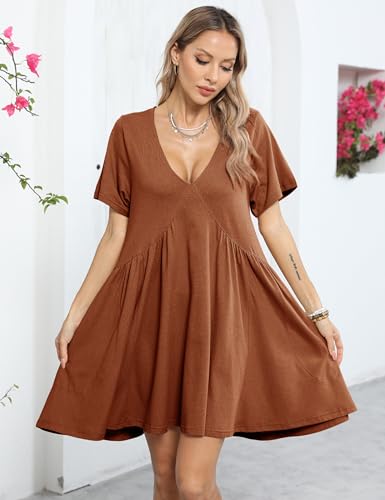 Image of Gozoloma Women Summer Short Sleeve Mini Dress Casual Loose V Neck Flowy Sundress Vacation Tshirt Sun Dress with Pockets