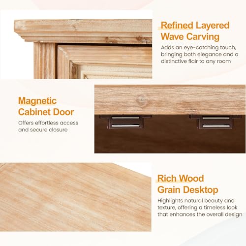 Image of RoyalCraft Sideboard Buffet Kitchen Storage Cabinet, Solid Wood Credenza Accent Cabinet, Cupboard Console Table with 2 Craved Decorated Doors for Dining Room, Living Room, Hallway (Natural)