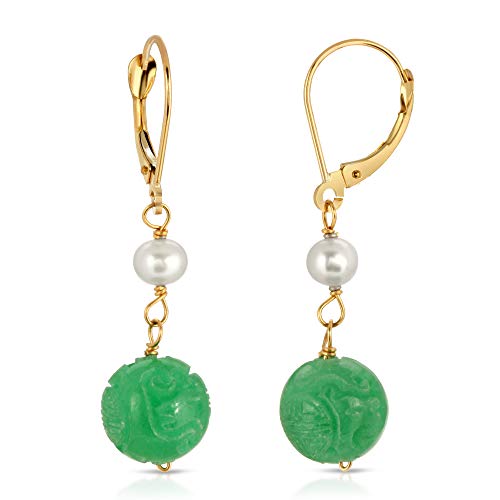14K Yellow Gold Hand Carved Genuine Jade Bead Earrings with