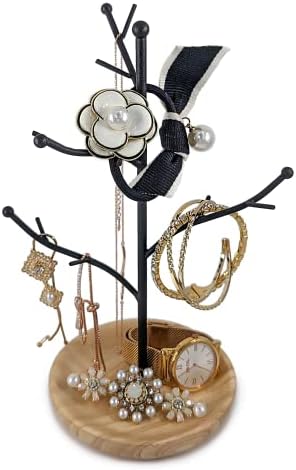Mango Steam Jewellery Tree Hanger for Bracelets, Necklaces, Hoop Earrings, & Rings (Black, Tan Wood)