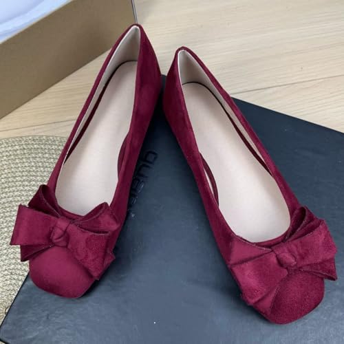 SAILING LU Womens Square Toe Ballet Flats Bow Knot Suede Flat Shoes Solid Color Wear to Work Cozy Slip-On Dress Shoes2