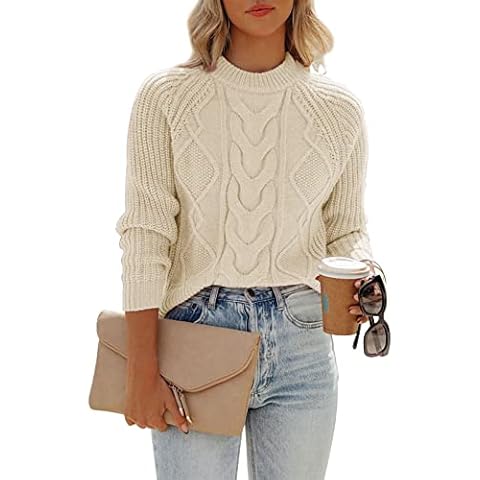 Ancapelion Women’s Long Sleeve Jumpers Crew Neck Sweater Cable Knitted Cream Jumper Pullover Tops for Ladies XXL Cover