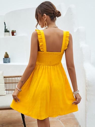 Image of SISKIN Women's Summer Spaghetti Strap Sleeveless Square Neck Ruffle A Line Swing Mini Dress 2025