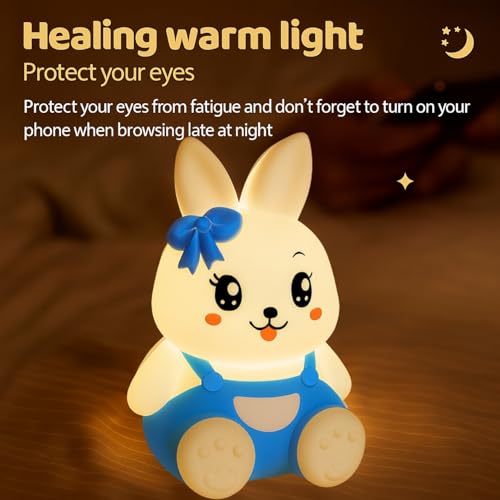 Image of One94Store Blue 7-Color Silicone Rabbit Night Lamp | Soft Squishy Cute Rabbit LED Bedside Light with Tap Control, Nursery Sleep Light, Rechargeable Baby Night Lamp for Bedroom & Home Decor