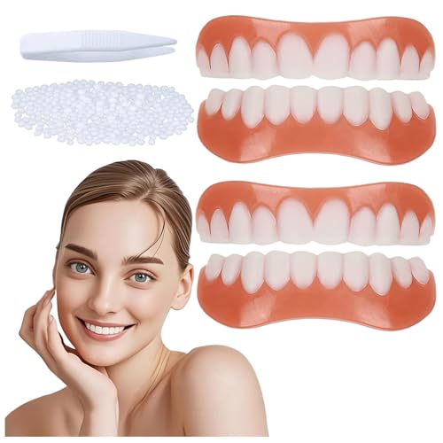 Facette Dentaire Cosmétique 2 Paires, Sûr et Confortable Immédiat Sourire Dents de Placage Haut et Bas avec Perles Adhésives Thermiques Pour Restauration Temporaire de Défauts Dentaires